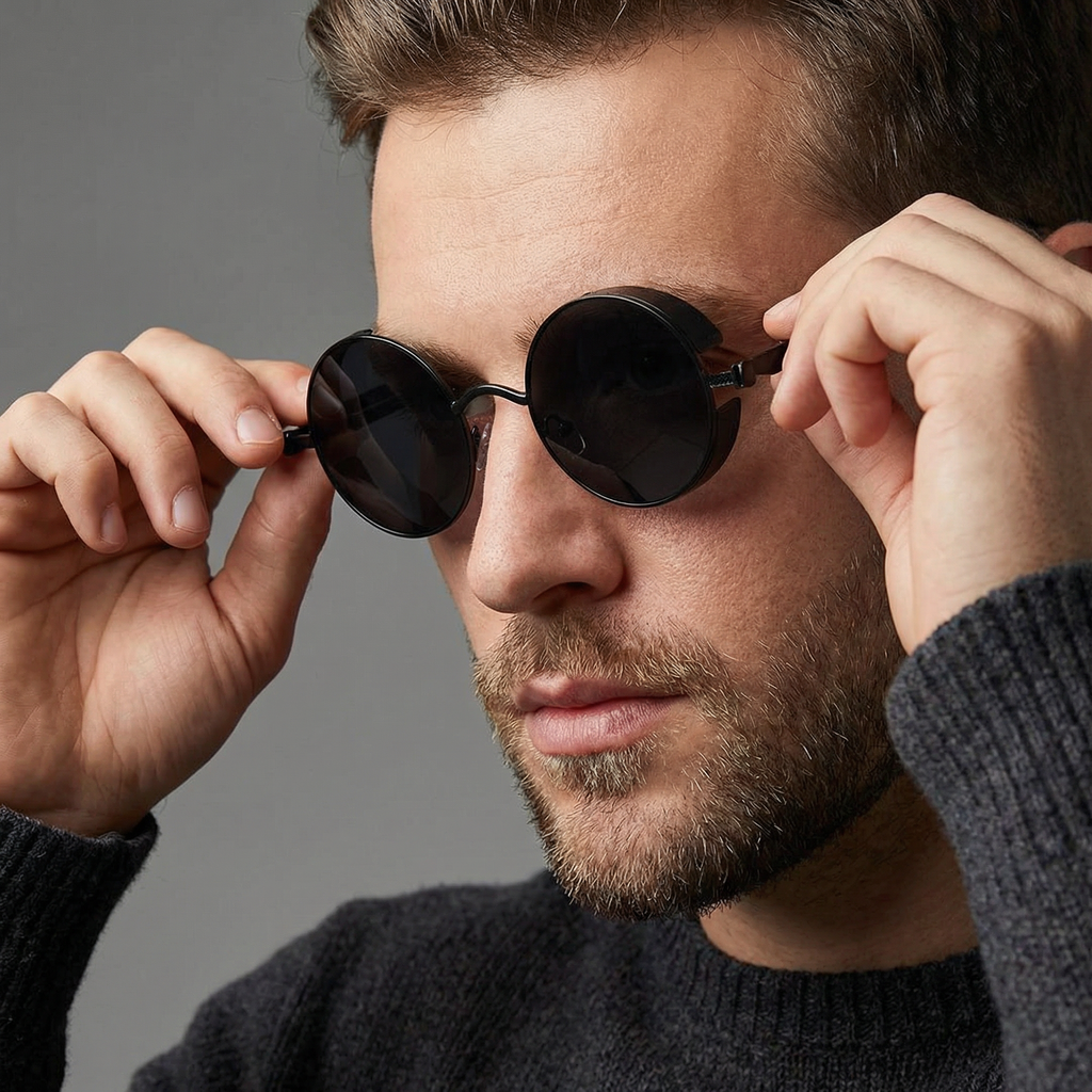 Óculos de Sol Redondo Moderno Masculino – Armação Preta Fosca
