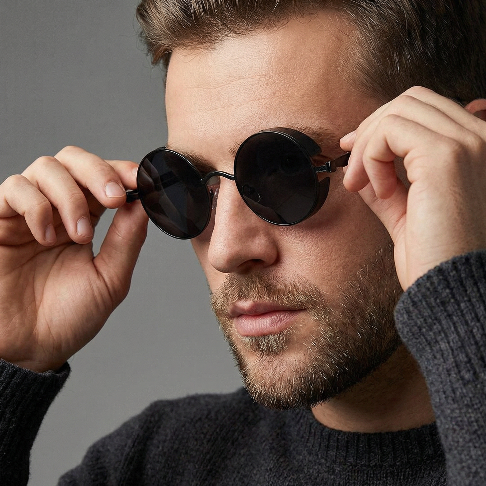 Óculos de Sol Redondo Moderno Masculino – Armação Preta Fosca