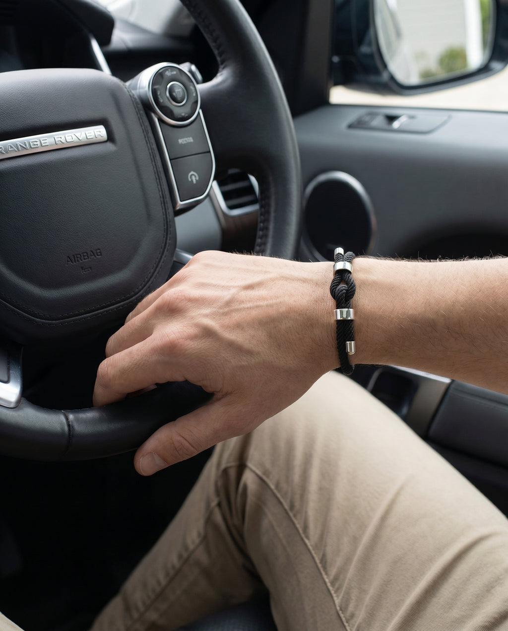 Men's Elegant Black Rope Bracelet – Silver Details
