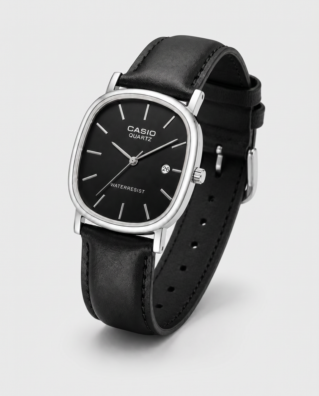 Relógio Casio Quartz Masculino – Pulseira de Couro Preta, Resistente à Água