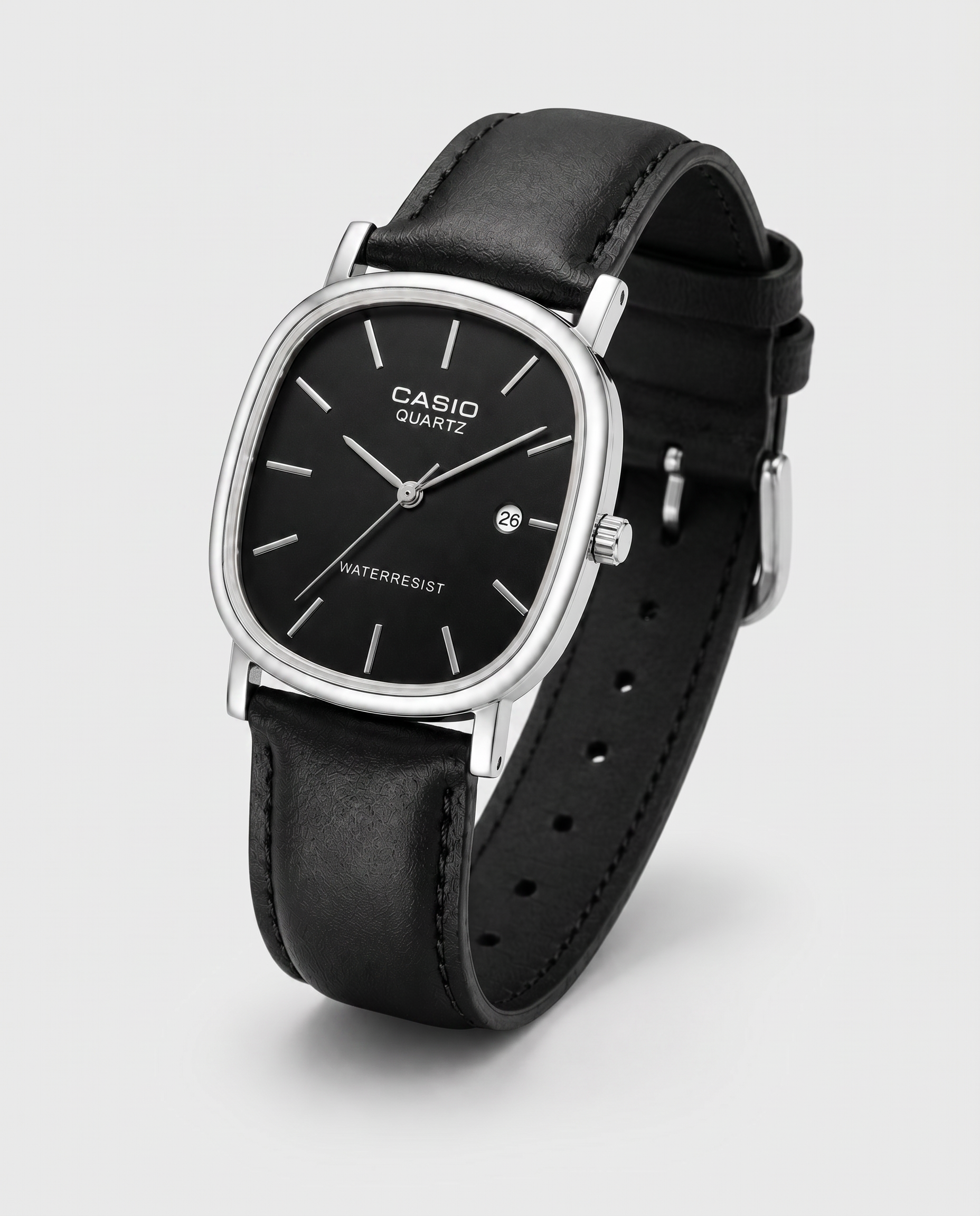 Relógio Casio Quartz Masculino – Pulseira de Couro Preta, Resistente à Água