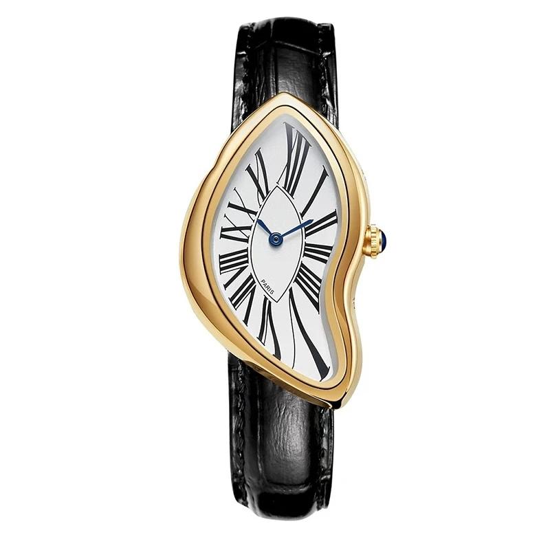 Cartti Surreal Melting Watch for Men - Gold Asymmetrical Stainless Steel Case, Leather Strap