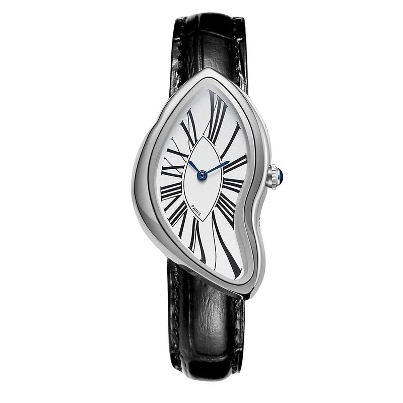 Cartti Surreal Melting Watch for Men - Gold Asymmetrical Stainless Steel Case, Leather Strap